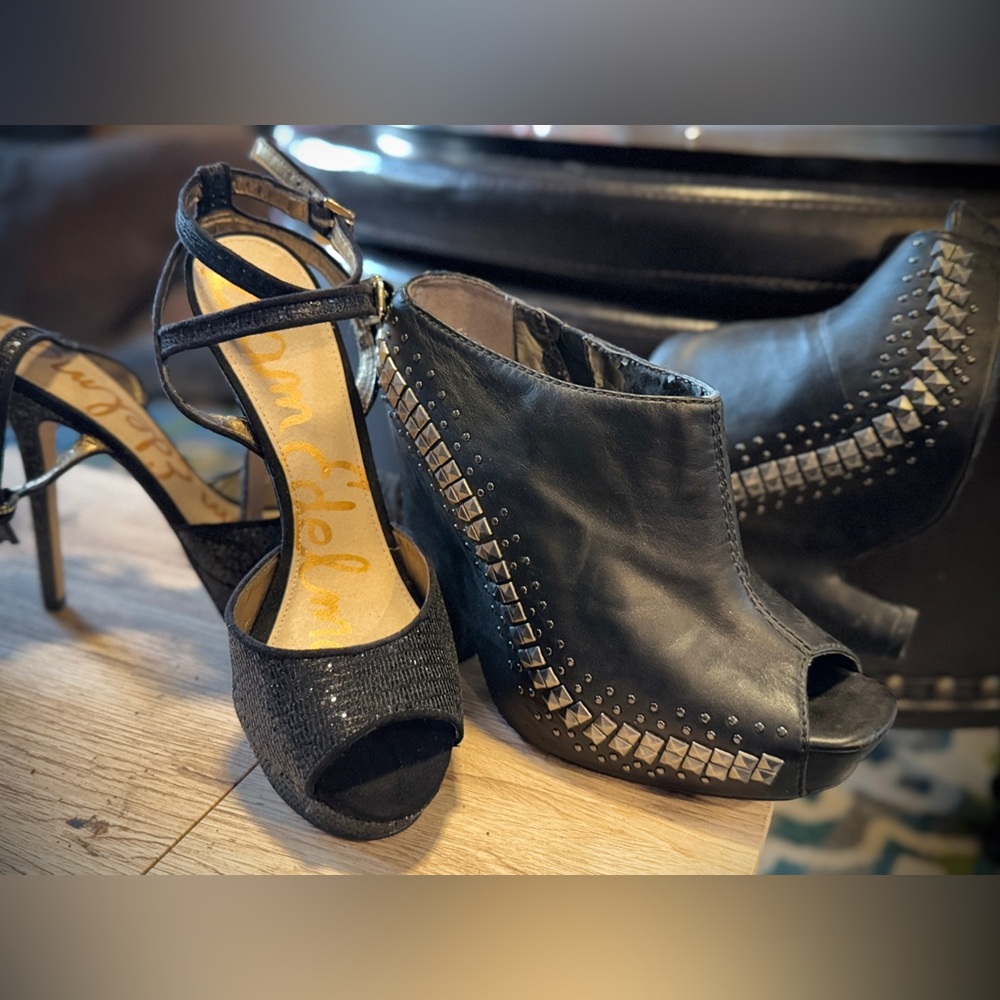 Sam Edelman open toe high platform studded black leather mules & Nadine heels